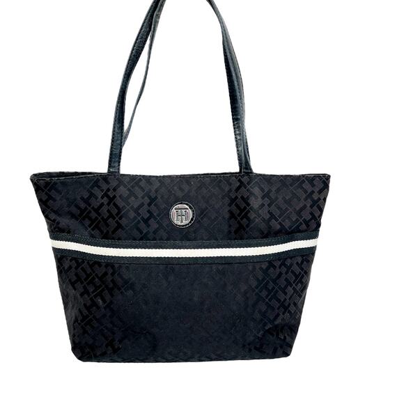 Tommy Hilfiger Handbag Satchel TH Monogram Print Black Fabric Open Zip Pockets - Picture 1 of 15